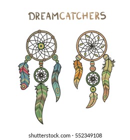 Set of Handmade Dreamcatchers. Vector isolated on white background illustration. Boho, tribal and ethnic style art. Retro element.