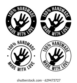 Set of handmade emblem, badges, labels and logo elements, retro symbols for local shop, company or handmade artist. Sign with hand. 100 percent handmade. Made with love. Vector illustration