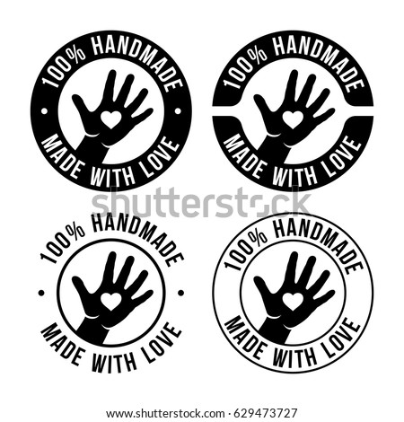 Set of handmade emblem, badges, labels and logo elements, retro symbols for local shop, company or handmade artist. Sign with hand. 100 percent handmade. Made with love. Vector illustration