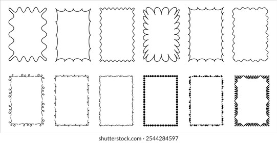 Set of handmade frames with wavy lines. Vintage vector templates for postcards, decorations, prints.