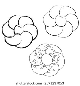 Set of handmade Greek Tsoureki (sweet braided bread) with egg and filleted almonds. Top view. Easter traditions. Vector illustration black outline on white background.