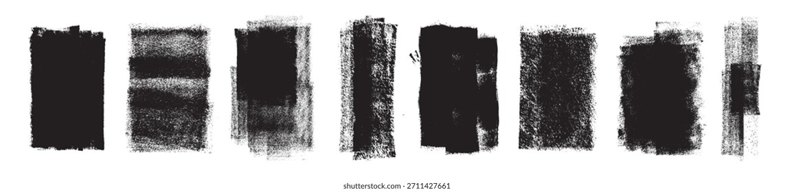 Set of hand-made grunge textures with paint roller effect, artisan paint stains, linocut stamp, artistic background for text and design, vector illustration isolated on transparent background.