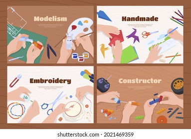 Conjunto de hobbies artesanales banner horizontal con lugar para ilustración plana vectorial de texto. Colección de actividades artísticas manos humanas haciendo modelismo, artesanales, bordados, constructores. Arte creativo