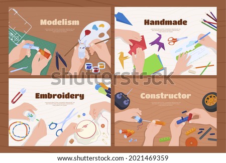 Set of handmade hobbies horizontal banner with place for text vector flat illustration. Collection of art activities human hands doing modelism, handcrafted, embroidery, constructor. Creative artwork