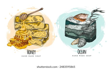 Set of handmade honey soap with honeycomb and blue ocean soap with shells and seaweed isolated on white background. Two compositions of natural soap for aroma spa. Hand drawn vector colorful sketch.