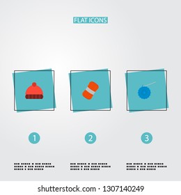 Set of handmade icons flat style symbols with skein, crochet, knitted hat and other icons for your web mobile app logo design.