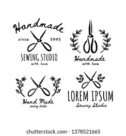 A set of handmade icons, labels, icons and logo elements. vector illustration of handmade scissors. Design for craft seamstress , sewing Studio