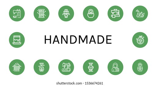 Set of handmade icons. Such as Sewing machine, Thread, Kentia, Matryoshka, Origami, Knitting, Pottery, Tailor, Matryoshka doll, Handicrafts, Embroidery , handmade icons