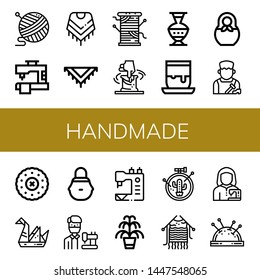 Set of handmade icons such as Yarn, Sewing machine, Shawl, Thread, Clay, Pottery, Handicrafts, Matryoshka, Shoemaker, Embroidery, Origami, Wicker basket, Tailor, Kentia , handmade