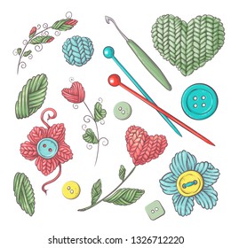 Set for handmade knitted flowers and elements and accessories for crocheting and knitting.