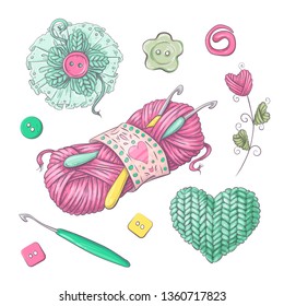 Set for handmade knitted flowers and elements and accessories for crocheting and knitting.