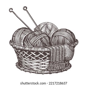 Set For Handmade Knitting. Basket With Balls Of Yarn And Knitting Needles. Vintage Vector Sketch Vector Illustration