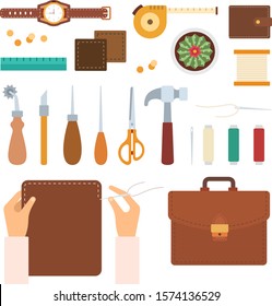 Set of handmade with leather icons flat vector illustration