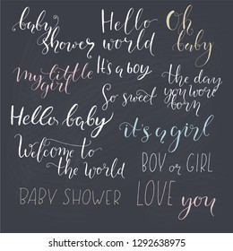 Set of handmade lettering for baby shower or birthday isolated on chalkboard. Can be used for design of greeting cards, scrapbooking, t-shirt prints.