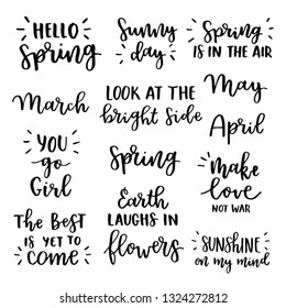 Set handmade lettering and motivation funny phrases in black and white to draw a vector in an original style on Easter spring eggs hunt and months