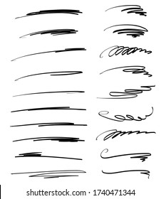 Satz von handgefertigten Linien, Pinsellinien, Markierungsstriche. Handgezeichnete Sammlung von Doodle-Stil verschiedenen Formen. Art Lines. Auf weiß isoliert. Vektor-Abbildung