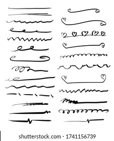 Satz von handgefertigten Linien, Pinsellinien, Markierungsstriche. Handgezeichnete Sammlung von Doodle-Stil verschiedenen Formen. Art Lines. Auf weiß isoliert. Vektor-Abbildung