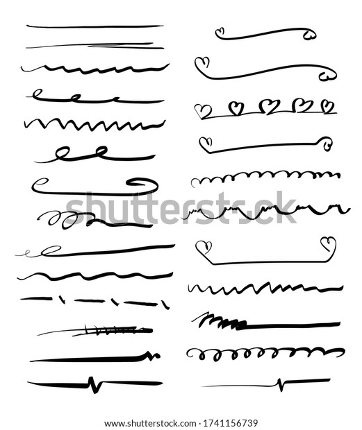Set of handmade lines, brush\
lines, marker underlines. Hand-drawn collection of doodle style\
various shapes. Art Lines. Isolated on white. Vector\
illustration