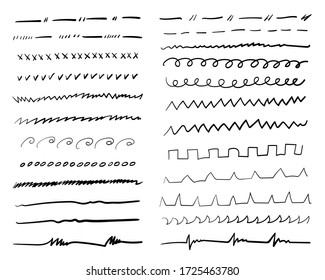 Set of handmade lines, brush lines, underlines. Hand-drawn collection of doodle style various shapes. Art Lines. Isolated on white. Vector illustration