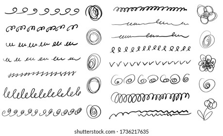 Conjunto de líneas hechas a mano, líneas de pincel, subrayado. Colección dibujada a mano del estilo de doodle de varias formas. Líneas de arte. Aislado en blanco. Ilustración del vector