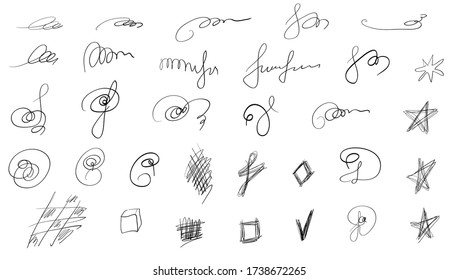 Set of handmade lines, brush lines, underlines, forms, sketches. Hand-drawn collection of doodle style various shapes. Draft. Isolated on white. Vector illustration
