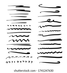 Set of handmade lines, brush lines, underlines. Hand-drawn collection of doodle style various shapes. Art Lines. Isolated on white. Vector illustration