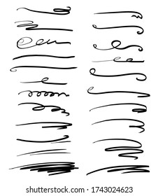 Set of handmade lines, brush lines, underlines. Hand-drawn collection of doodle style various shapes. Art Lines. Isolated on white. Vector illustration
