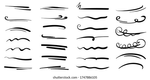 Conjunto de líneas hechas a mano, líneas de pincel, subrayado. Colección dibujada a mano del estilo de doodle de varias formas. Líneas de arte. Aislado en blanco. Ilustración del vector