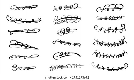 Set of handmade lines, brush lines, underlines. Hand-drawn collection of doodle style various shapes. Art lines. Isolated on white. Vector illustration