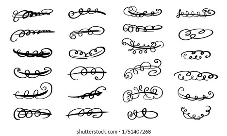 Conjunto de líneas hechas a mano, líneas de pincel, subrayado. Colección dibujada a mano del estilo de doodle de varias formas. Líneas de arte. Aislado en blanco. Ilustración del vector