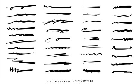 Set of handmade lines, brush lines, underlines. Hand-drawn collection of doodle style various shapes. Art Lines. Isolated on white. Vector illustration