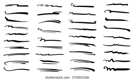 Conjunto de líneas hechas a mano, líneas de pincel, subrayado. Colección dibujada a mano del estilo de doodle de varias formas. Líneas de arte. Aislado en blanco. Ilustración del vector