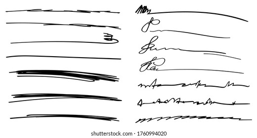 Set of handmade lines, brush lines, underlines. Hand-drawn collection of doodle style various shapes. Art Lines. Isolated on white. Vector illustration