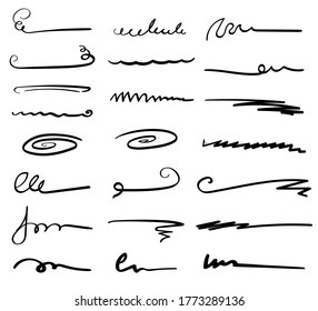 Set of handmade lines, brush lines, underlines. Hand-drawn collection of doodle style various shapes. Art Lines. Isolated on white. Vector illustration
