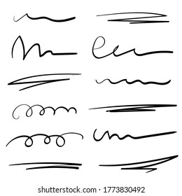 Set of handmade lines, brush lines, underlines. Hand-drawn collection of doodle style various shapes. Art Lines. Isolated on white. Vector illustration