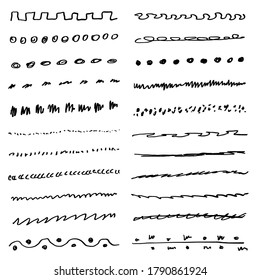 Set of handmade lines, brush lines, underlines. Hand-drawn collection of doodle style various shapes. Art Lines. Isolated on white. Vector illustration