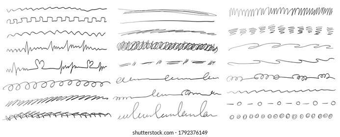 Set of handmade lines, brush lines, underlines. Hand-drawn collection of doodle style various shapes. Art Lines. Isolated on white. Vector illustration
