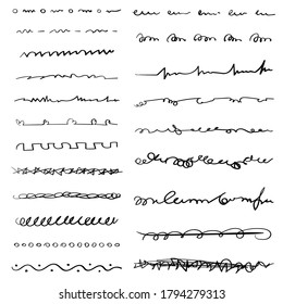 Set of handmade lines, brush lines, underlines. Hand-drawn collection of doodle style various shapes. Art Lines. Isolated on white. Vector illustration