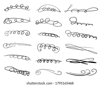 Set of handmade lines, brush lines, underlines. Hand-drawn collection of doodle style various shapes. Art Lines. Isolated on white. Vector illustration