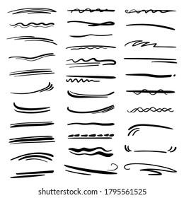 Set of handmade lines, brush lines, underlines. Hand-drawn collection of doodle style various shapes. Art Lines. Isolated on white. Vector illustration