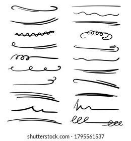 Set of handmade lines, brush lines, underlines. Hand-drawn collection of doodle style various shapes. Art Lines. Isolated on white. Vector illustration