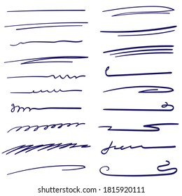 Satz von handgefertigten Linien, Pinsellinien, unterstreicht. Handgezeichnete Kollektion von Doodle-Stil verschiedenen Formen. Kunstlinien. Einzeln auf Weiß. Vektorgrafik