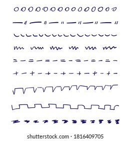 Conjunto de líneas hechas a mano, líneas de pincel, subrayado. Colección dibujada a mano del estilo de doodle de varias formas. Líneas de arte. Aislado en blanco. Ilustración del vector