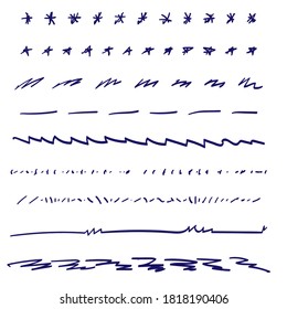 Set of handmade lines, brush lines, underlines. Hand-drawn collection of doodle style various shapes. Art Lines. Isolated on white. Vector illustration