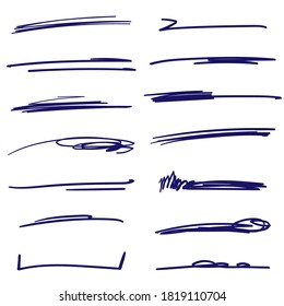 Set of handmade lines, brush lines, underlines. Hand-drawn collection of doodle style various shapes. Art Lines. Isolated on white. Vector illustration