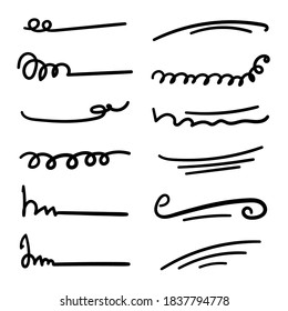 Set of handmade lines, brush lines, underlines. Hand-drawn collection of doodle style various shapes. Art Lines. Isolated on white. Vector illustration
