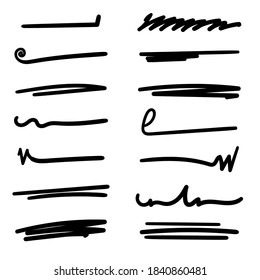 Set of handmade lines, brush lines, underlines. Hand-drawn collection of doodle style various shapes. Art Lines. Isolated on white. Vector illustration