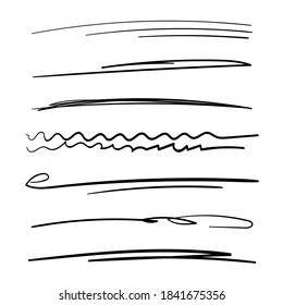Satz von handgefertigten Linien, Pinsellinien, unterstreicht. Handgezeichnete Kollektion von Doodle-Stil verschiedenen Formen. Kunstlinien. Einzeln auf Weiß. Vektorgrafik