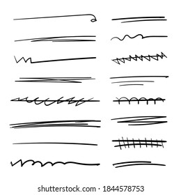 Set of handmade lines, brush lines, underlines. Hand-drawn collection of doodle style various shapes. Art Lines. Isolated on white. Vector illustration