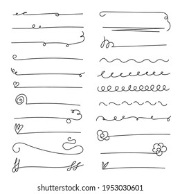 Set of handmade lines, brush lines, underlines. Hand-drawn collection of doodle style wavy shapes. Art geometric lines. Isolated on white. Vector illustration